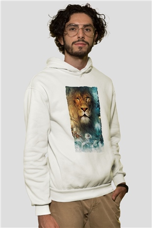 Unisex Narnia Günlükleri Aslan, Cadı ve Dolap Baskılı Beyaz Kapüşonlu Sweatshirt