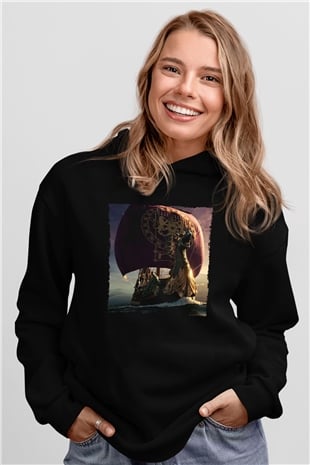Unisex Narnia Günlükleri Şafak Yıldızının Yolculuğu (The Chronicles of Narnia The Voyage of the Dawn Treader) Baskılı Siyah Kapüşonlu Sweatshirt