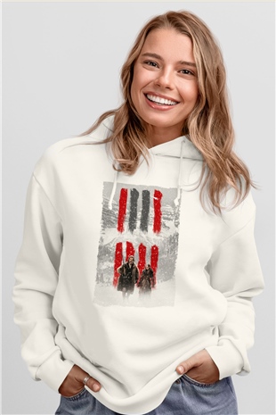 Unisex Nefret Sekizlisi (The Hateful Eight) Baskılı Beyaz Kapüşonlu Sweatshirt
