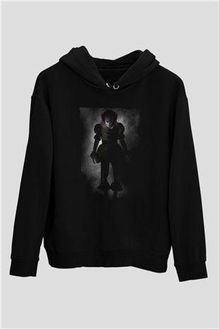 Unisex O (IT) Baskılı Siyah Kapüşonlu Sweatshirt