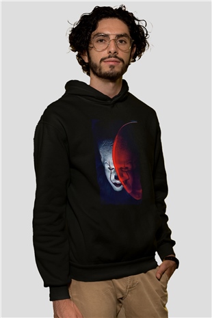 Unisex O (IT) Baskılı Siyah Kapüşonlu Sweatshirt