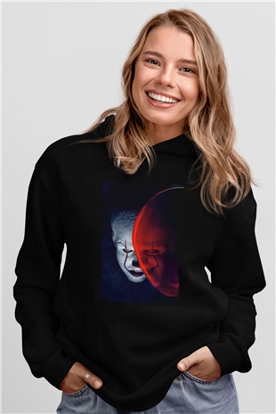 Unisex O (IT) Baskılı Siyah Kapüşonlu Sweatshirt