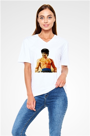 Unisex Öfkenin Yumruğu (Fist of Fury) Baskılı Beyaz V Yaka Tshirt