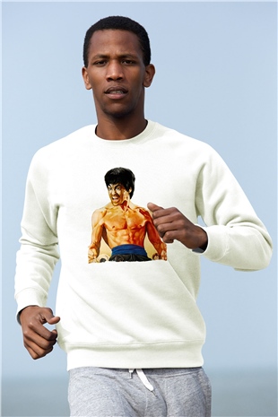 Unisex Öfkenin Yumruğu (Fist of Fury) Baskılı Beyaz Sweatshirt