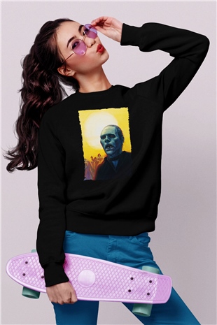 Unisex Ölüler Günü (Day of the Dead) Baskılı Siyah Sweatshirt