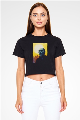 Unisex Ölüler Günü (Day of the Dead) Baskılı Siyah Crop Top Tshirt