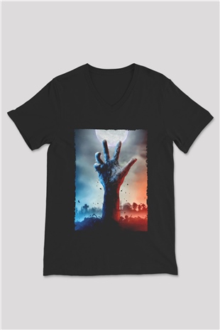 Unisex Ölüler Ölmez (The Dead Dont Die) Baskılı Siyah V Yaka T-shirt