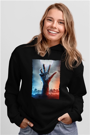 Unisex Ölüler Ölmez (The Dead Dont Die) Baskılı Siyah Kapüşonlu Sweatshirt