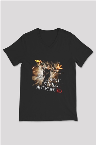 Unisex Ölümcül Deney Ölümden Sonra (Resident Evil Afterlife) Baskılı Siyah V Yaka T-shirt
