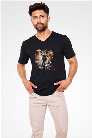 Unisex Ölümcül Deney Ölümden Sonra (Resident Evil Afterlife) Baskılı Siyah V Yaka T-shirt