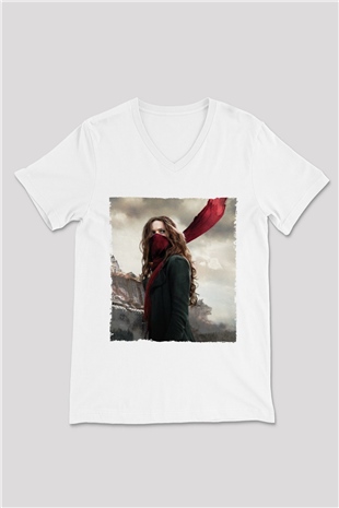 Unisex Ölümcül Makineler (Mortal Engines) Baskılı Beyaz V Yaka Tişört