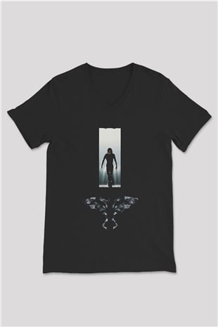 Unisex Ölümsüz Aşk (The Crow) Baskılı Siyah V Yaka T-shirt