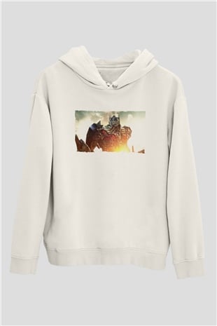 Unisex Optimus Prime Baskılı Beyaz Kapüşonlu Sweatshirt
