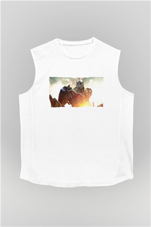 Unisex Optimus Prime Baskılı Beyaz Kolsuz Tişört