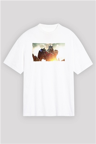 Unisex Optimus Prime Baskılı Beyaz Oversize Tişört