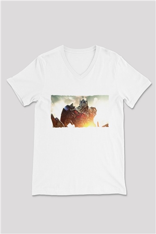 Unisex Optimus Prime Baskılı Beyaz V Yaka Tişört