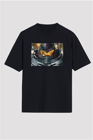 Unisex Pasifik Savaşı (Pacific Rim) Baskılı Siyah Oversize Tişört