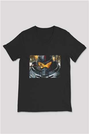 Unisex Pasifik Savaşı (Pacific Rim) Baskılı Siyah V Yaka Tişört