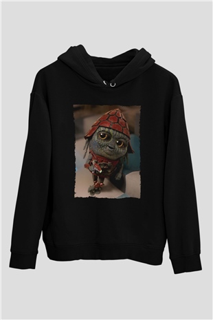 Unisex Pawny Baskılı Siyah Kapüşonlu Sweatshirt