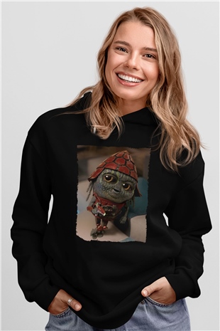 Unisex Pawny Baskılı Siyah Kapüşonlu Sweatshirt