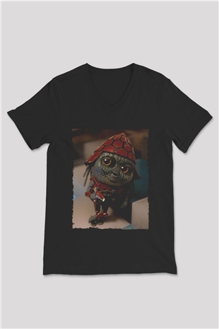 Unisex Pawny Baskılı Siyah V Yaka T-shirt