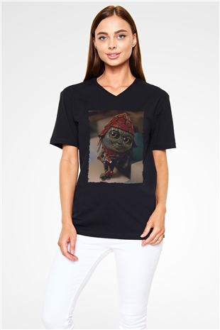 Unisex Pawny Baskılı Siyah V Yaka T-shirt