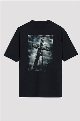 Unisex Pet Sematary Baskılı Siyah Oversize Tişört