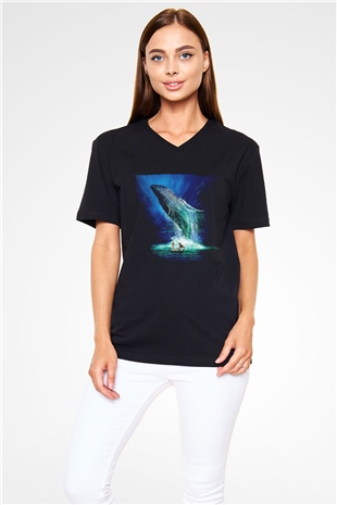 Unisex Pinin Yaşamı (Life of Pi) Baskılı Siyah V Yaka Tshirt
