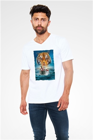 Unisex Pinin Yaşamı (Life of Pi) Baskılı Beyaz V Yaka Tshirt