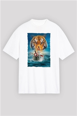 Unisex Pinin Yaşamı (Life of Pi) Baskılı Beyaz Oversize Oversize T-shirt