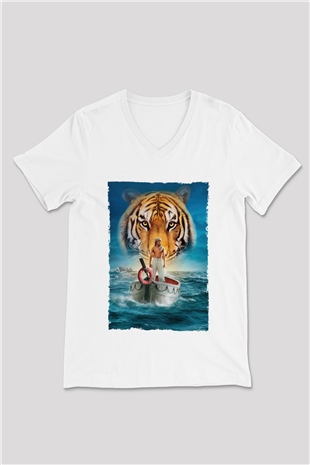 Unisex Pinin Yaşamı (Life of Pi) Baskılı Beyaz V Yaka Tshirt