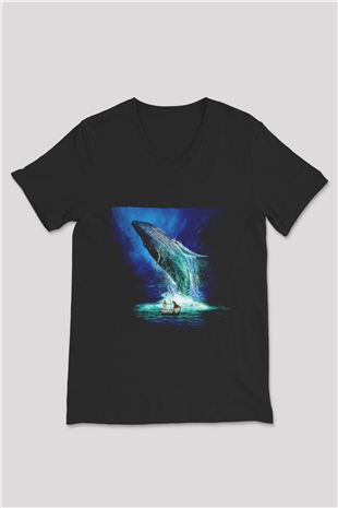 Unisex Pinin Yaşamı (Life of Pi) Baskılı Siyah V Yaka Tshirt