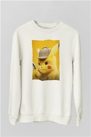 Unisex Pokémon Dedektif Pikachu (Pokémon Detective Pikachu) Baskılı Beyaz Sweatshirt