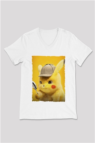 Unisex Pokémon Dedektif Pikachu (Pokémon Detective Pikachu) Baskılı Beyaz V Yaka T-shirt