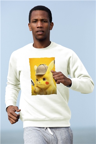 Unisex Pokémon Dedektif Pikachu (Pokémon Detective Pikachu) Baskılı Beyaz Sweatshirt