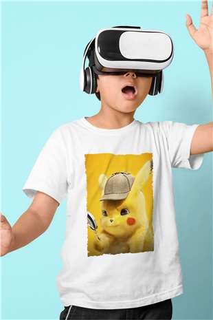 Unisex Pokémon Dedektif Pikachu (Pokémon Detective Pikachu) Baskılı Beyaz Çocuk Tshirt