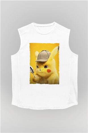 Unisex Pokémon Dedektif Pikachu (Pokémon Detective Pikachu) Baskılı Beyaz Kolsuz T-shirt