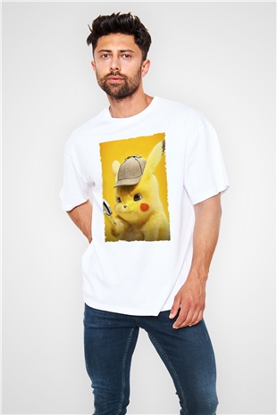 Unisex Pokémon Dedektif Pikachu (Pokémon Detective Pikachu) Baskılı Beyaz Oversize T-shirt