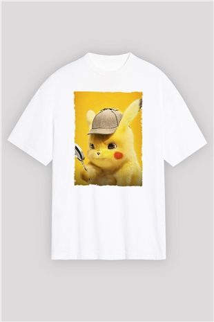 Unisex Pokémon Dedektif Pikachu (Pokémon Detective Pikachu) Baskılı Beyaz Oversize T-shirt