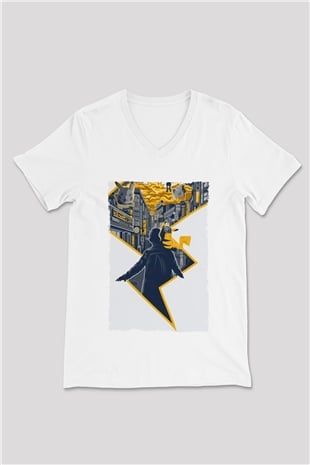 Unisex Pokémon Dedektif Pikachu (Pokémon Detective Pikachu) Baskılı Beyaz V Yaka Tişört