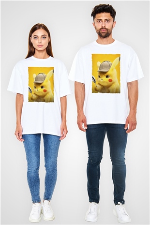 Unisex Pokémon Dedektif Pikachu (Pokémon Detective Pikachu) Baskılı Beyaz Oversize T-shirt