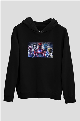 Unisex Power Rangers Baskılı Siyah Kapüşonlu Sweatshirt