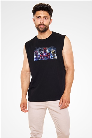 Unisex Power Rangers Baskılı Siyah Kolsuz Tişört