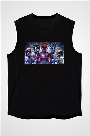Unisex Power Rangers Baskılı Siyah Kolsuz Tişört