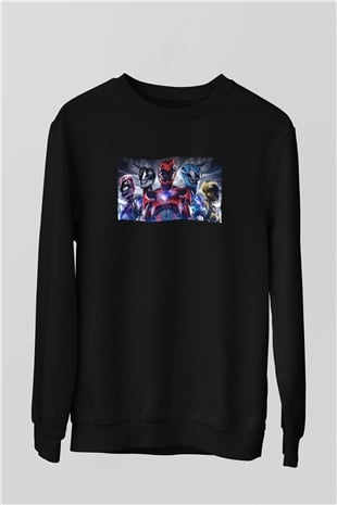 Unisex Power Rangers Baskılı Siyah Sweatshirt