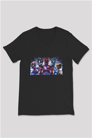 Unisex Power Rangers Baskılı Siyah V Yaka Tişört