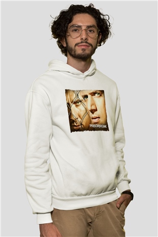 Unisex Prison Break Baskılı Beyaz Kapüşonlu Sweatshirt