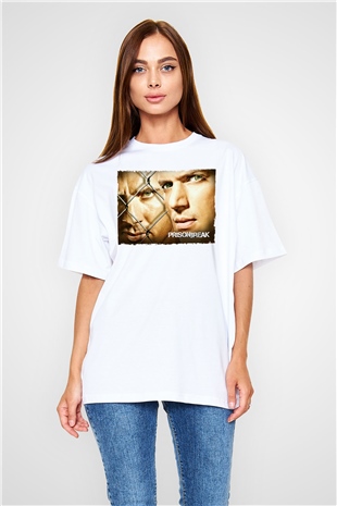Unisex Prison Break Baskılı Beyaz Oversize Tişört
