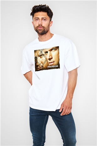 Unisex Prison Break Baskılı Beyaz Oversize Tişört