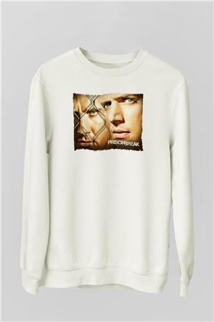 Unisex Prison Break Baskılı Beyaz Sweatshirt